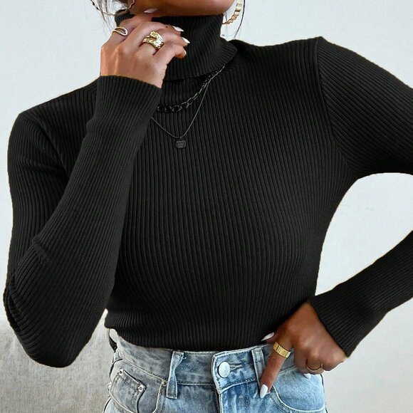 Black Casual Women's Turtleneck Ribbed Long Sleeve Thermal Pullover Sweater - Picture 5 of 6